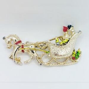 Vintage Gerry's One Horse Open Sleigh Ride Christmas Enamel Brooch Pin Gold Tone